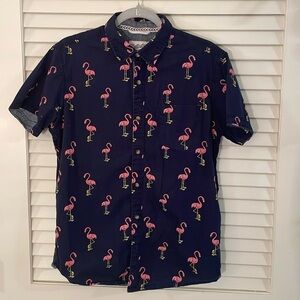 Huntington Beach Navy Blue With Pink Flamingo Cotton Buttondown Shirt